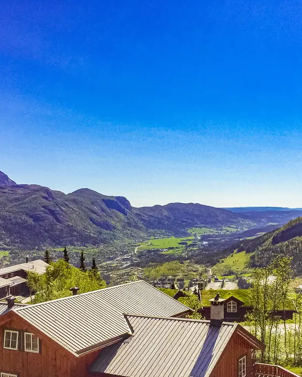 Trähus i en fjälldal en sommardag