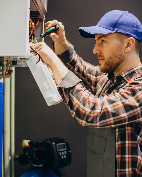 Installatör kopplar in värmesystemet inomhus