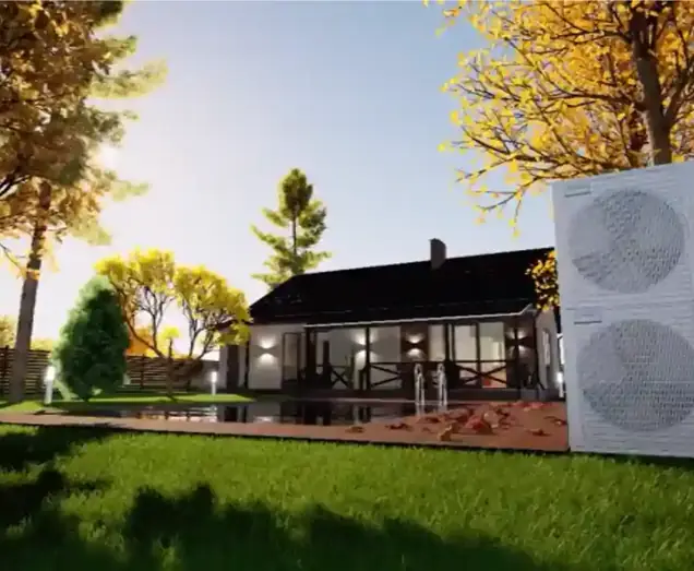 Villa med värmepumpens utedel på tomten i kvällssol